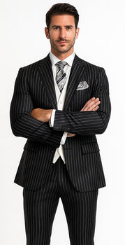 Men'S Black 2 Buttons Chalk Bold Stripe ~ Pinstripes Double Breasted Shawl Collar 1920'S 30'S Fashion Vintage Pattern No Vest Included Suit - Image 5