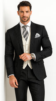 Men'S Black 2 Buttons Chalk Bold Stripe ~ Pinstripes Double Breasted Shawl Collar 1920'S 30'S Fashion Vintage Pattern No Vest Included Suit - Image 6