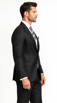 Men'S Black 2 Buttons Chalk Bold Stripe ~ Pinstripes Double Breasted Shawl Collar 1920'S 30'S Fashion Vintage Pattern No Vest Included Suit - Image 7