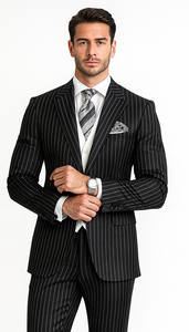 Men'S Black 2 Buttons Chalk Bold Stripe ~ Pinstripes Double Breasted Shawl Collar 1920'S 30'S Fashion Vintage Pattern No Vest Included Suit