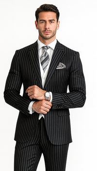 Men'S Black 2 Buttons Chalk Bold Stripe ~ Pinstripes Double Breasted Shawl Collar 1920'S 30'S Fashion Vintage Pattern No Vest Included Suit - Image 8