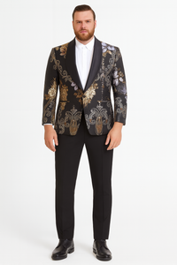 Men’s Black and Gold and Silver Floral Jacquard Blazer with Satin Shawl Lapel Tuxedo Suit With Black Pants with Bowtie