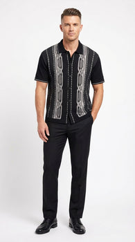 Mens Black and Gray Pattern Walking Suit Set – Short Sleeve Knit Shirt and Pants Casual Outfit for Summer, Travel and Everyday Wear