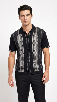 Mens Black and Gray Pattern Walking Suit Set – Short Sleeve Knit Shirt and Pants Casual Outfit for Summer, Travel and Everyday Wear