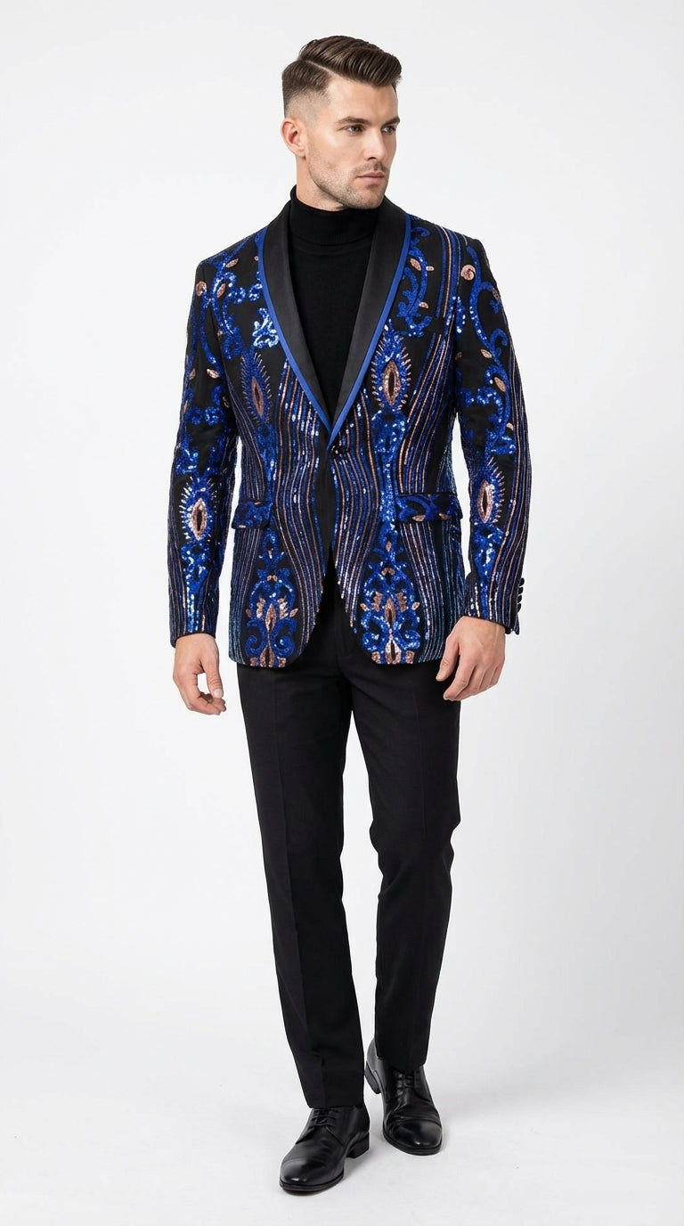Mens Black and Royal and Gold and Navy Blue Sequin Tuxedo Suit Set – Luxury Prom Wedding Tuxedo with Sequin Jacket Black / 38 Long