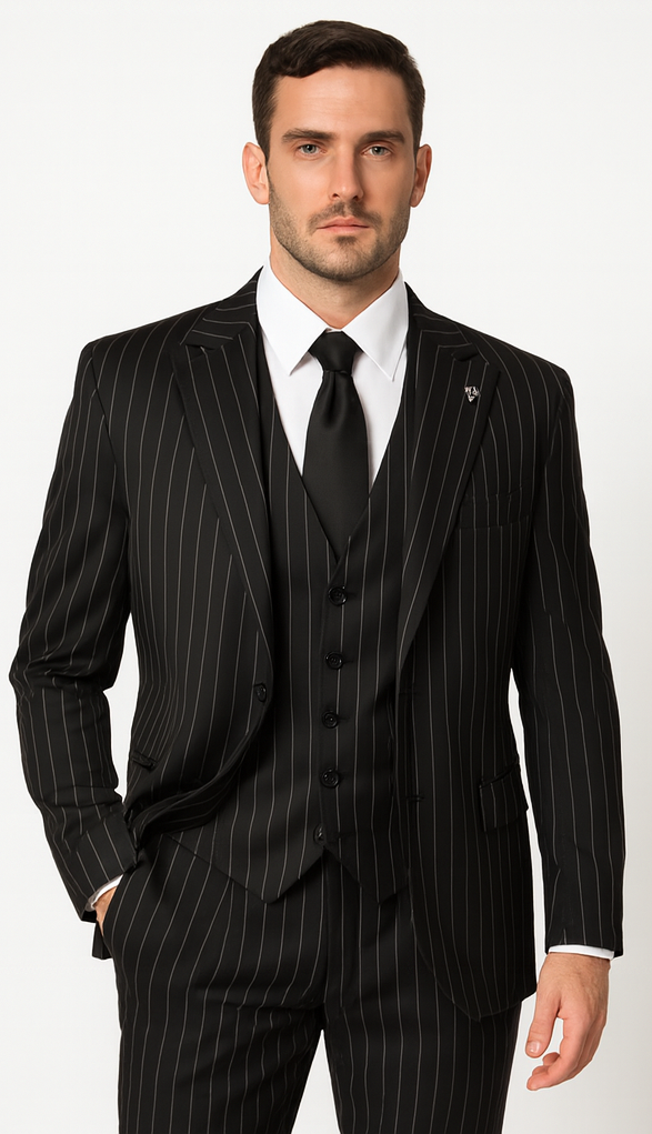Men'S Black And White Gangster Bold PinStripe Vested 3 Piece Fashion Suit
