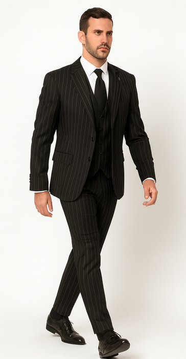 Men'S Black And White Gangster Bold PinStripe Vested 3 Piece Fashion Suit