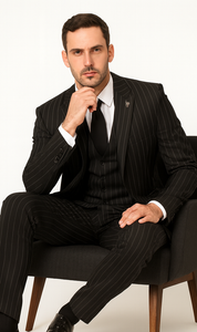 Men'S Black And White Gangster Bold PinStripe Vested 3 Piece Fashion Suit