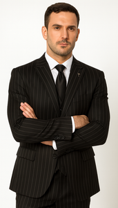 Men'S Black And White Gangster Bold PinStripe Vested 3 Piece Fashion Suit