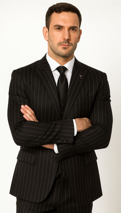 Men'S Black And White Gangster Bold PinStripe Vested 3 Piece Fashion Suit