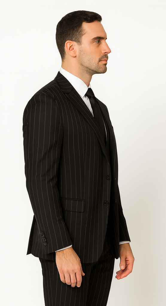 Men'S Black And White Gangster Bold PinStripe Vested 3 Piece Fashion Suit - Image 6