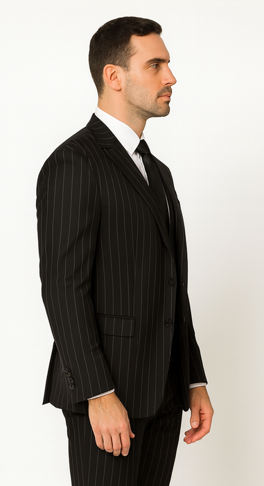 Men'S Black And White Gangster Bold PinStripe Vested 3 Piece Fashion Suit
