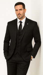 Men'S Black And White Gangster Bold PinStripe Vested 3 Piece Fashion Suit