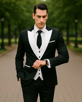 Men's Black and White  Lapel Peak Lapel Vested 3 Piece 1 Button Tuxedo With White Lapel Suit with white vest or black vest - Image 8