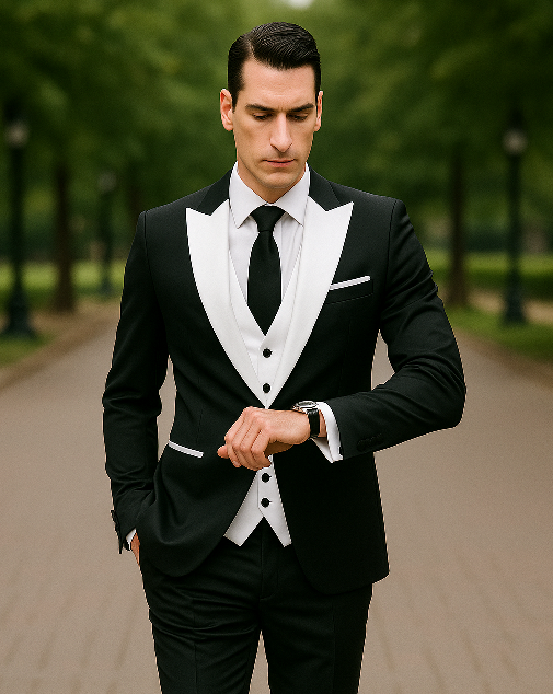 Men's Black and White  Lapel Peak Lapel Vested 3 Piece 1 Button Tuxedo With White Lapel Suit with white vest or black vest
