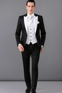 Men's Black and White  Lapel Peak Lapel Vested 3 Piece 1 Button Tuxedo With White Lapel Suit with white vest or black vest