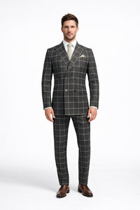 Men's Black and White Pattern Plaid ~ Windowpane Men's Double Breasted Suits Jacket Blazer ~ Sport Coat