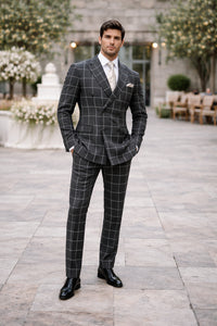 Men's Black and White Pattern Plaid ~ Windowpane Men's Double Breasted Suits Jacket Blazer ~ Sport Coat