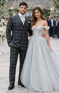 Men's Black and White Pattern Plaid ~ Windowpane Men's Double Breasted Suits Jacket Blazer ~ Sport Coat