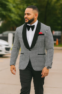 Mens Black And White Tuxedo Houndstooth Prom Suits - Groom Tuxedo