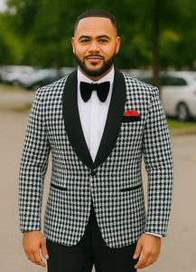 Mens Black And White Tuxedo Houndstooth Prom Suits - Groom Tuxedo
