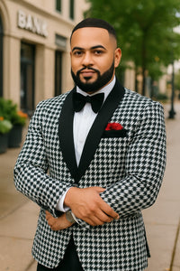 Mens Black And White Tuxedo Houndstooth Prom Suits - Groom Tuxedo