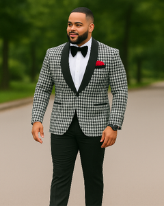 Mens Black And White Tuxedo Houndstooth Prom Suits - Groom Tuxedo