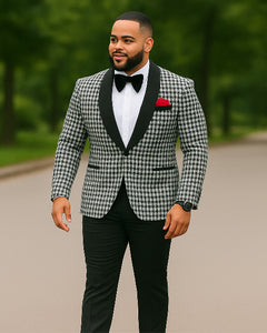 Mens Black And White Tuxedo Houndstooth Prom Suits - Groom Tuxedo