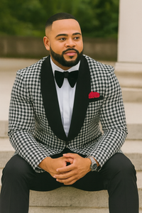 Mens Black And White Tuxedo Houndstooth Prom Suits - Groom Tuxedo