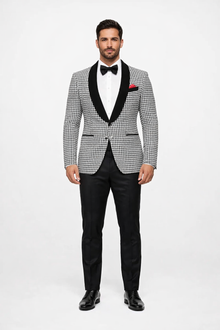 Mens Black And White Tuxedo Houndstooth Prom Suits - Groom Tuxedo
