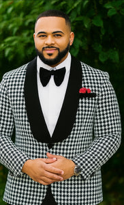 Mens Black And White Tuxedo Houndstooth Prom Suits - Groom Tuxedo