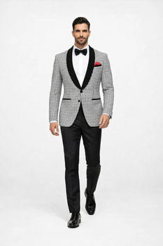 Mens Black And White Tuxedo Houndstooth Prom Suits - Groom Tuxedo - Image 2