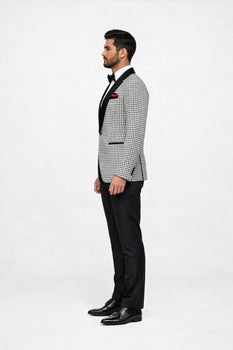 Mens Black And White Tuxedo Houndstooth Prom Suits - Groom Tuxedo - Image 3