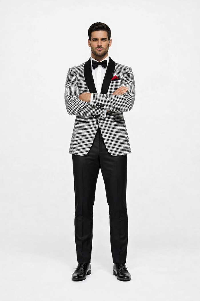 Mens Black And White Tuxedo Houndstooth Prom Suits - Groom Tuxedo - Image 5