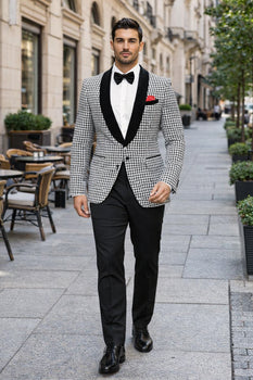 Mens Black And White Tuxedo Houndstooth Prom Suits - Groom Tuxedo - Image 7