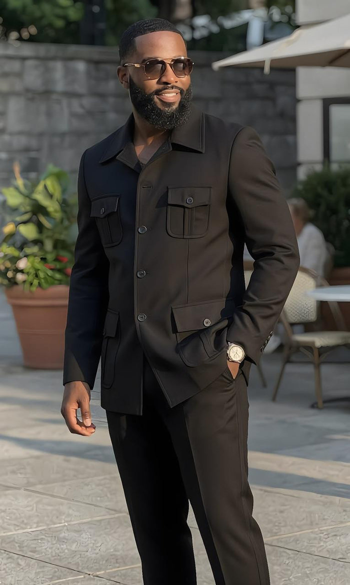 Mens Black Casual Safari Suit Pocket Front Jacket BP8102  Modern Fit