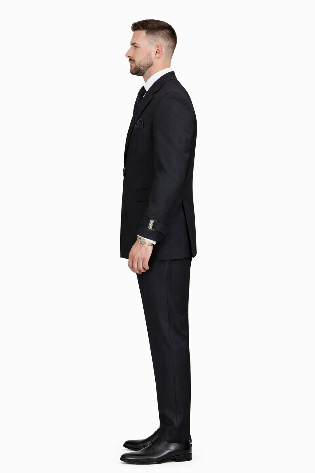 Men’s Black Double Breasted Wool Suit with Metal Buckle Closure Modern Fit