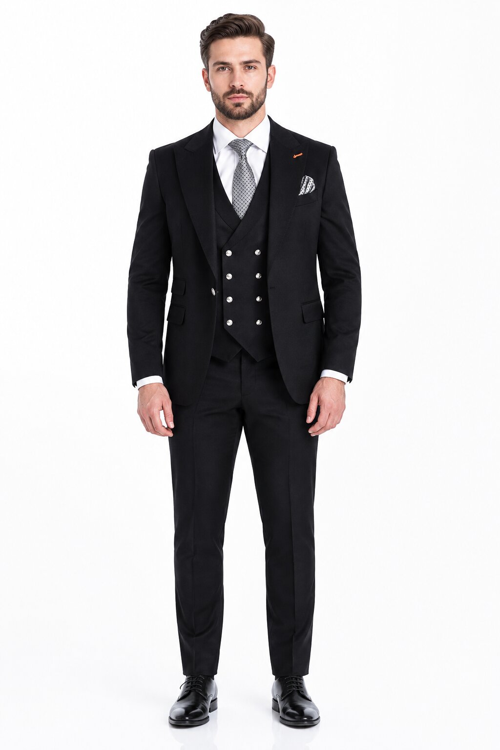 Men's Black Statement Ticket Pocket Peak Lapel Wool Double Breasted Vest Suit with Silver Buttons – Modern Fit