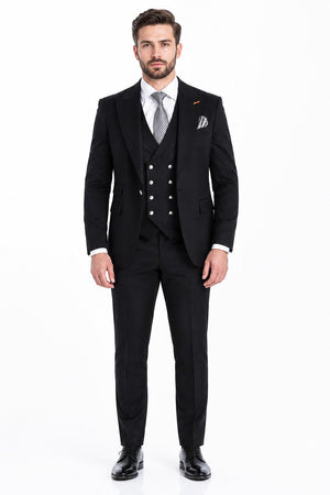 Men's Black Statement Ticket Pocket Peak Lapel Wool Double Breasted Vest Suit with Silver Buttons – Modern Fit