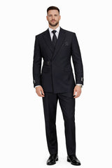 Men’s Black Double Breasted Wool Suit with Metal Buckle Closure Modern Fit