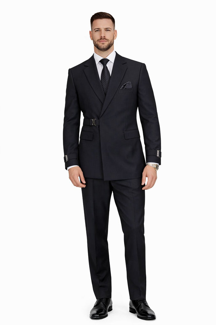 Men’s Black Double Breasted Wool Suit with Metal Buckle Closure Modern Fit
