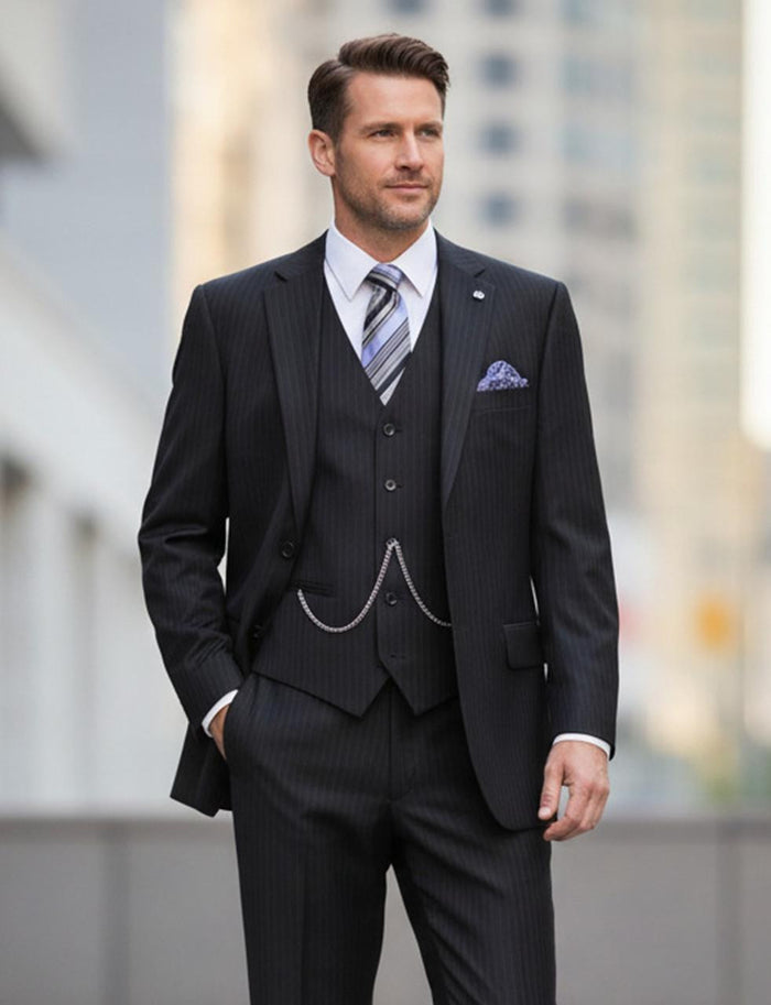 Harlem Nights Suits for Men - Mens Black Fine Pinstripe Suit 3 Piece Business Fit Vinci V2RS-7  Modern Fit