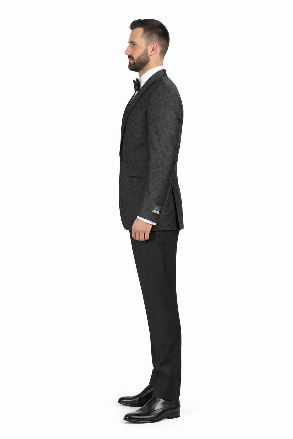 Men's Black Super 150's Viscose Blend 1 Button Tuxedo Floral Pattern  Dinner Jacket - Image 3