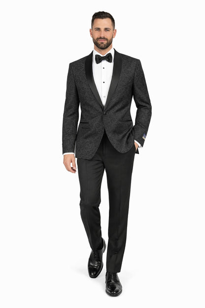 Men's Black Super 150's Viscose Blend 1 Button Tuxedo Floral Pattern  Dinner Jacket - Image 5