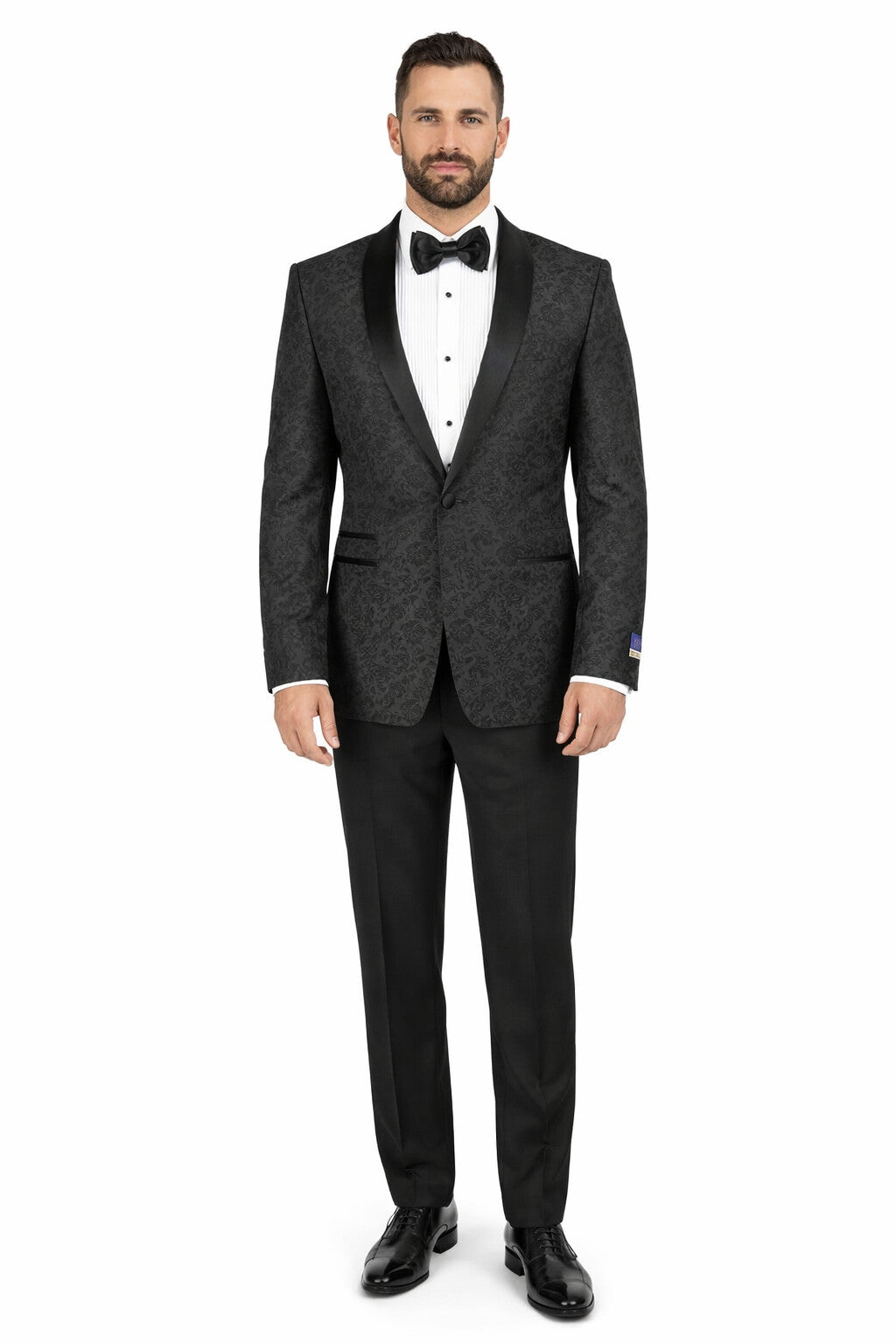 Men's Black Super 150's Viscose Blend 1 Button Tuxedo Floral Pattern  Dinner Jacket