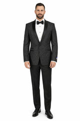 Men's Black Super 150's Viscose Blend 1 Button Tuxedo Floral Pattern  Dinner Jacket