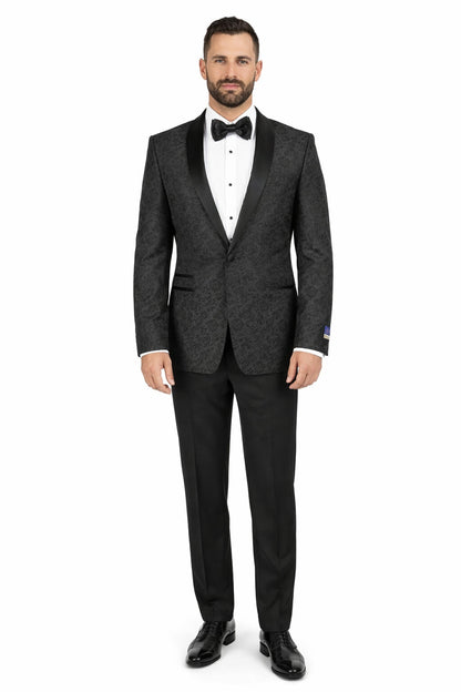 Men's Black Super 150's Viscose Blend 1 Button Tuxedo Floral Pattern  Dinner Jacket