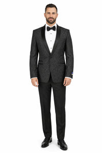 Men's Black Super 150's Viscose Blend 1 Button Tuxedo Floral Pattern  Dinner Jacket