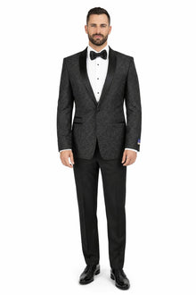 Men's Black Super 150's Viscose Blend 1 Button Tuxedo Floral Pattern  Dinner Jacket