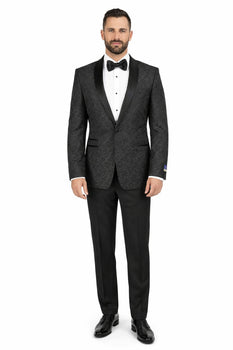 Men's Black Super 150's Viscose Blend 1 Button Tuxedo Floral Pattern  Dinner Jacket